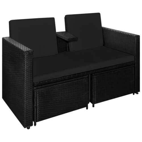 3-Piece Outdoor Sofa Set with Cushions Garden Patio Lounge Setting Rattan Black - Image 7