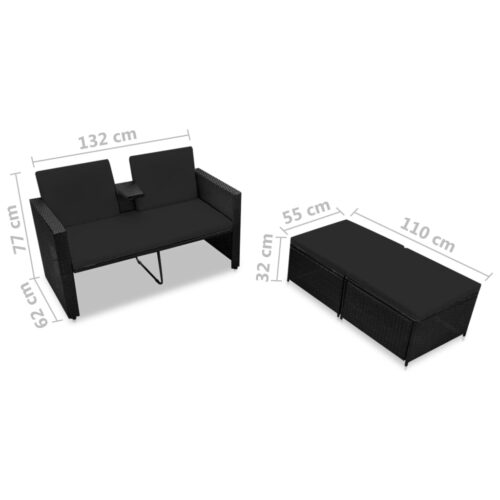 3-Piece Outdoor Sofa Set with Cushions Garden Patio Lounge Setting Rattan Black - Image 8