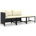 3-Piece Garden Lounge Set with Cushions Poly Rattan Wicker Outdoor Patio Furniture Black