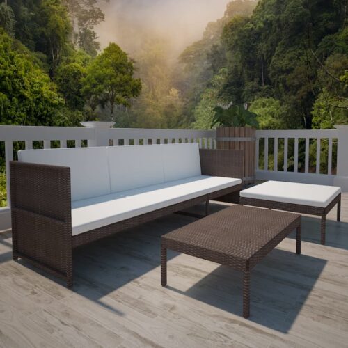 3-Piece Garden Lounge Set with Cushions Poly Rattan Wicker Outdoor Patio Furniture Brown - Image 6
