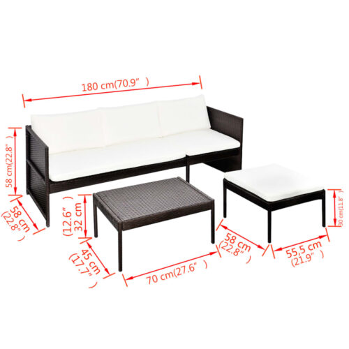 3-Piece Garden Lounge Set with Cushions Poly Rattan Wicker Outdoor Patio Furniture Brown - Image 7