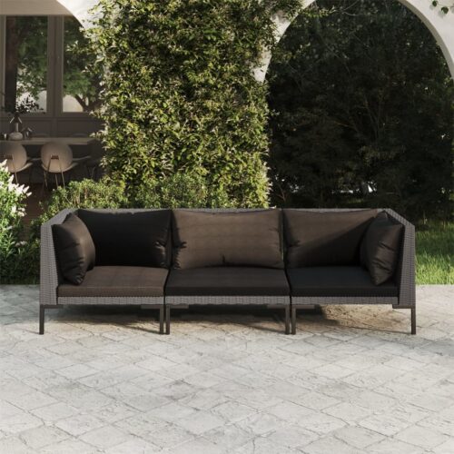 3-Piece Garden Lounge Set with Cushions Poly Rattan Wicker Outdoor Patio Furniture Dark Grey - Image 2