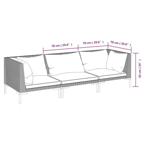 3-Piece Garden Lounge Set with Cushions Poly Rattan Wicker Outdoor Patio Furniture Dark Grey - Image 7