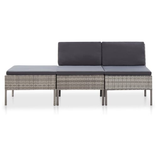 3-Piece Garden Lounge Set with Cushions Poly Rattan Wicker Outdoor Patio Furniture Grey - Image 2