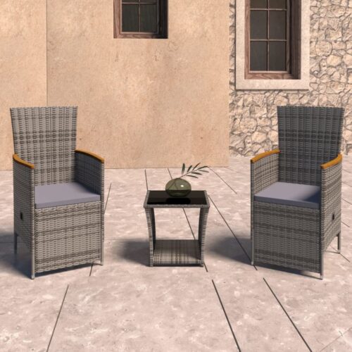 3-Piece Garden Lounge Set with Cushions Poly Rattan Wicker Outdoor Patio Furniture Grey - Image 2