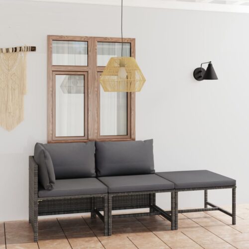 3-Piece Garden Lounge Set with Cushions Poly Rattan Wicker Outdoor Patio Furniture Grey - Image 2