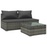 3-Piece Garden Lounge Set with Cushions Poly Rattan Wicker Outdoor Patio Furniture Grey
