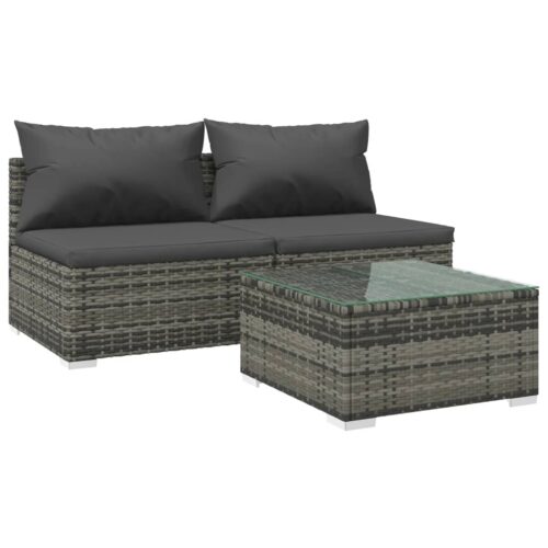 3-Piece Garden Lounge Set with Cushions Poly Rattan Wicker Outdoor Patio Furniture Grey