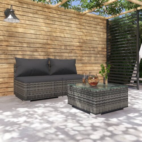 3-Piece Garden Lounge Set with Cushions Poly Rattan Wicker Outdoor Patio Furniture Grey - Image 2