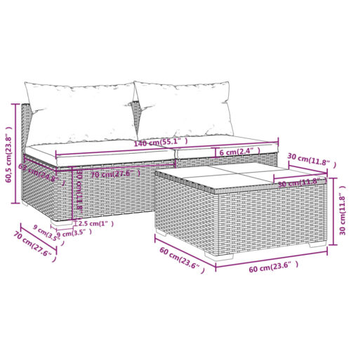 3-Piece Garden Lounge Set with Cushions Poly Rattan Wicker Outdoor Patio Furniture Grey - Image 7