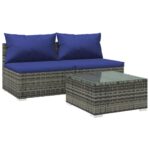 3-Piece Garden Lounge Set with Cushions Poly Rattan Wicker Outdoor Patio Furniture Grey