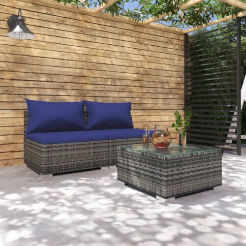 3-Piece Garden Lounge Set with Cushions Poly Rattan Wicker Outdoor Patio Furniture Grey - Image 2