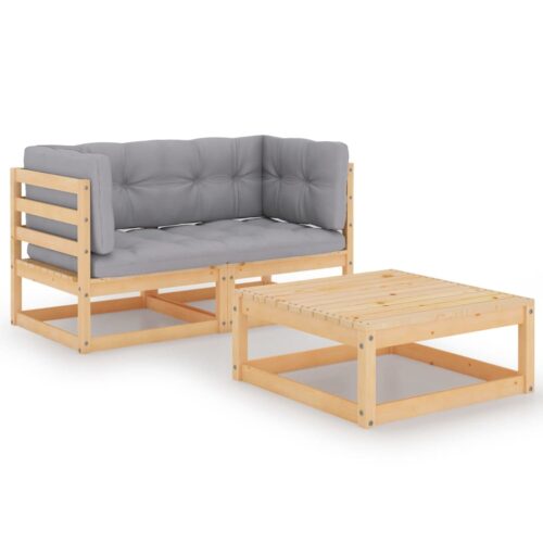 3-Piece Garden Lounge Set with Cushions Pine Wood Outdoor Patio Furniture