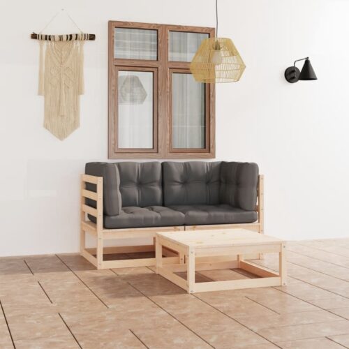 3-Piece Garden Lounge Set with Cushions Pine Wood Outdoor Patio Furniture - Image 2