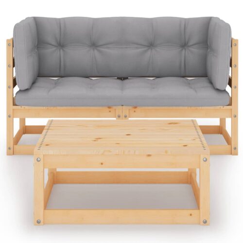 3-Piece Garden Lounge Set with Cushions Pine Wood Outdoor Patio Furniture - Image 3