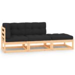 3-Piece Garden Lounge Set with Cushions Pine Wood Outdoor Patio Furniture