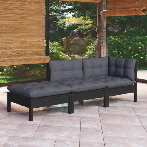 3-Piece Garden Lounge Set with Cushions Wood Timber Outdoor Patio Furniture Pine - Image 2