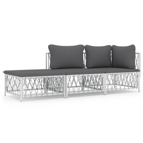 3-Piece Garden Lounge Set with Cushions White Steel