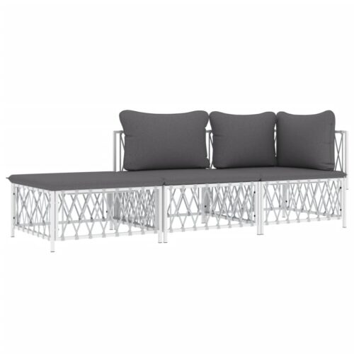 3-Piece Garden Lounge Set with Cushions White Steel - Image 3