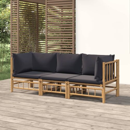 3-Piece Garden Lounge Set with Dark Grey Cushions Bamboo - Image 2