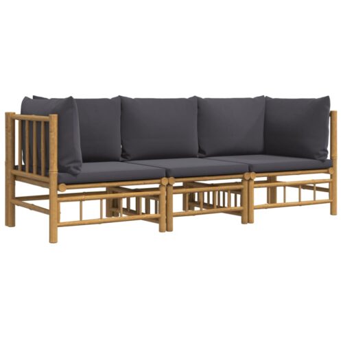 3-Piece Garden Lounge Set with Dark Grey Cushions Bamboo - Image 3