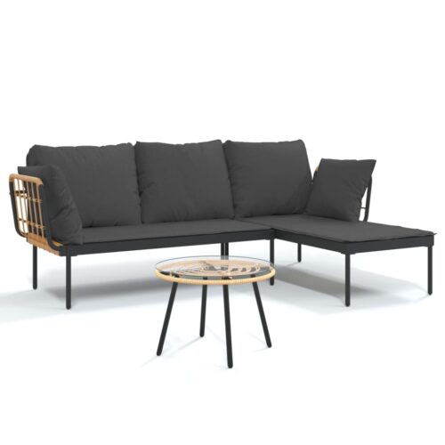 3-Piece Garden Lounge Set with Dark Grey Cushions Poly Rattan Wicker Outdoor Patio Furniture