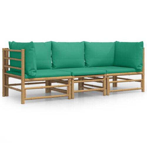 3-Piece Garden Lounge Set with Green Cushions Bamboo