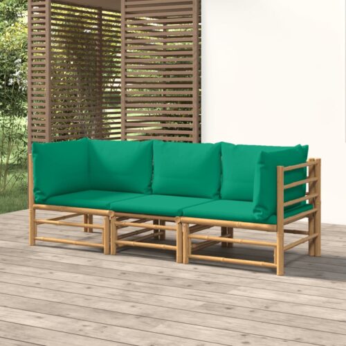 3-Piece Garden Lounge Set with Green Cushions Bamboo - Image 2