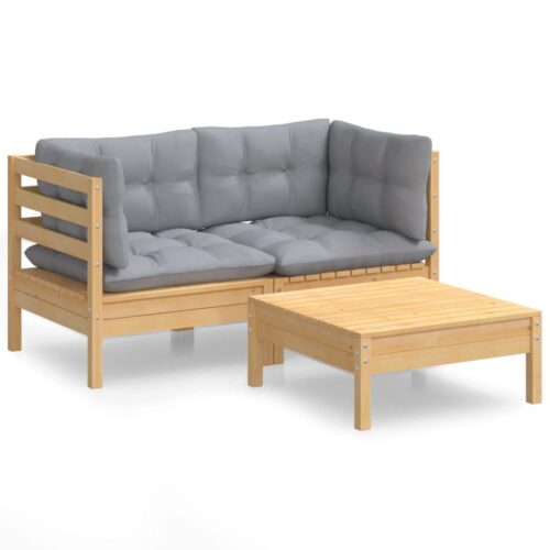 3-Piece Garden Lounge Set with Grey Cushions Pine Wood Outdoor Patio Furniture