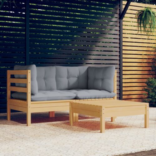 3-Piece Garden Lounge Set with Grey Cushions Pine Wood Outdoor Patio Furniture - Image 2