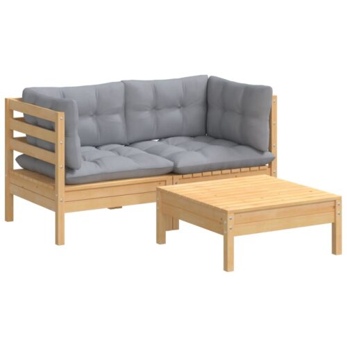 3-Piece Garden Lounge Set with Grey Cushions Pine Wood Outdoor Patio Furniture - Image 3