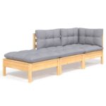 3-Piece Garden Lounge Set with Grey Cushions Wood Timber Outdoor Patio Furniture Pine