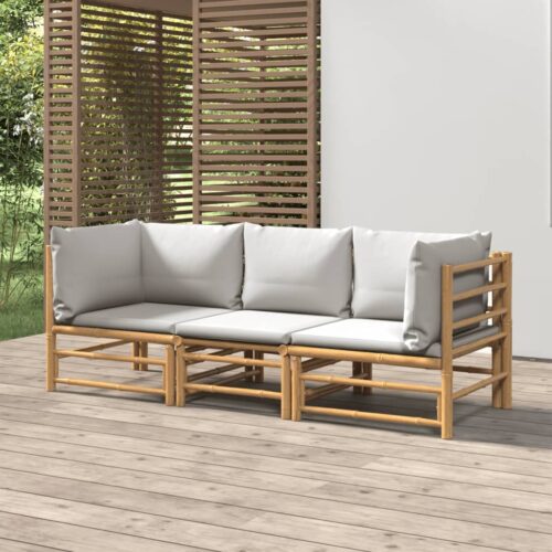 3-Piece Garden Lounge Set with Light Grey Cushions Bamboo - Image 2