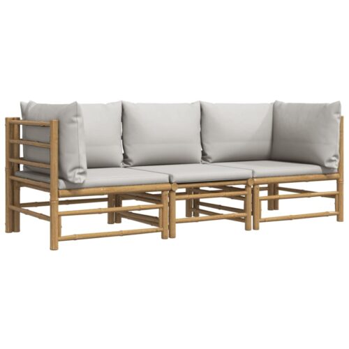 3-Piece Garden Lounge Set with Light Grey Cushions Bamboo - Image 3