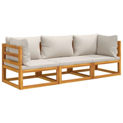 3-Piece Garden Lounge Set with Light Grey Cushions Wood Timber Outdoor Patio Furniture - Image 3