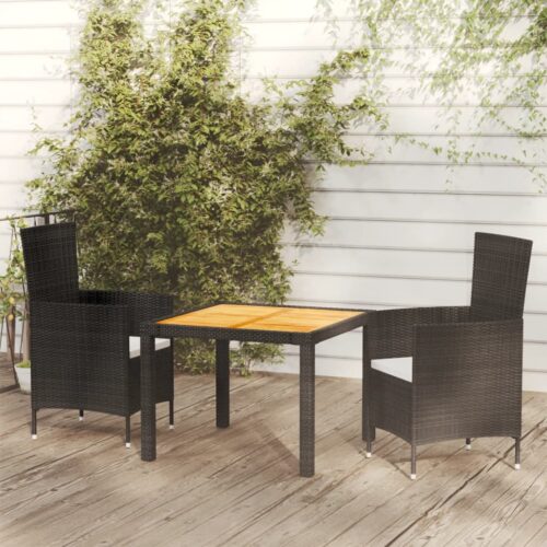 3-Piece Outdoor Dining Set with Cushions Garden Patio Chairs Table Rattan Black - Image 2