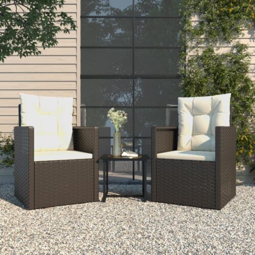 3-Piece Outdoor Lounge Set with Cushions Poly Rattan Wicker Outdoor Patio Furniture Black - Image 2