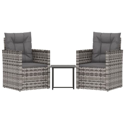 3-Piece Outdoor Lounge Set with Cushions Poly Rattan Wicker Outdoor Patio Furniture Grey