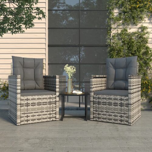 3-Piece Outdoor Lounge Set with Cushions Poly Rattan Wicker Outdoor Patio Furniture Grey - Image 2
