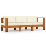3-Seater Garden Sofa with Cream White Cushions Acacia Wood Timber Outdoor Patio Furniture