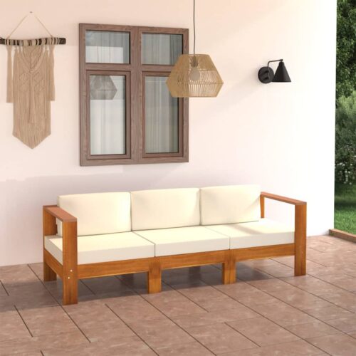 3-Seater Garden Sofa with Cream White Cushions Acacia Wood Timber Outdoor Patio Furniture - Image 2