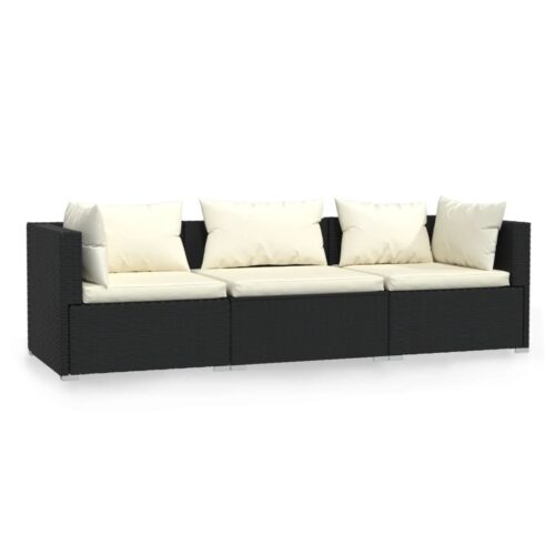 3-Seater Sofa with Cushions Black Poly Rattan Wicker Outdoor Patio Furniture