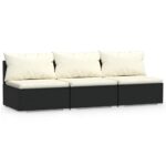 3-Seater Sofa with Cushions Black Poly Rattan Wicker Outdoor Patio Furniture