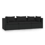 3-Seater Sofa with Cushions Black Poly Rattan Wicker Outdoor Patio Furniture