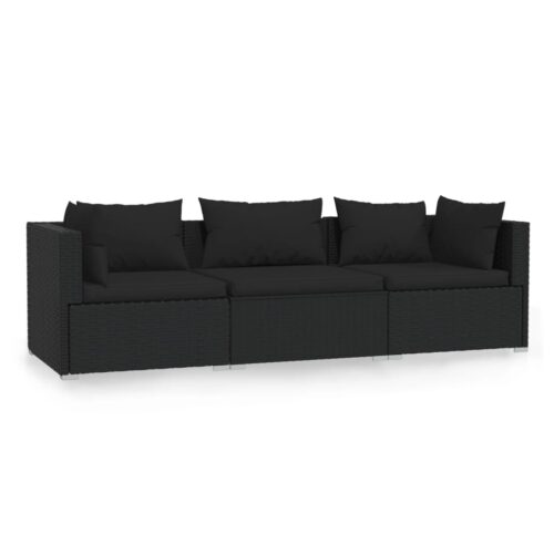 3-Seater Sofa with Cushions Black Poly Rattan Wicker Outdoor Patio Furniture