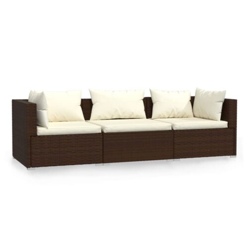 3-Seater Sofa with Cushions Brown Poly Rattan Wicker Outdoor Patio Furniture