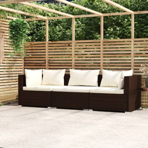 3-Seater Sofa with Cushions Brown Poly Rattan Wicker Outdoor Patio Furniture - Image 2