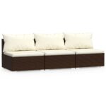 3-Seater Sofa with Cushions Brown Poly Rattan Wicker Outdoor Patio Furniture