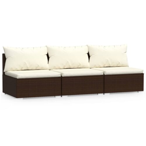 3-Seater Sofa with Cushions Brown Poly Rattan Wicker Outdoor Patio Furniture