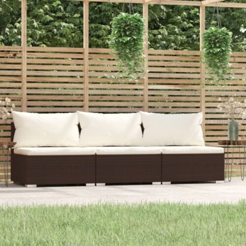 3-Seater Sofa with Cushions Brown Poly Rattan Wicker Outdoor Patio Furniture - Image 2